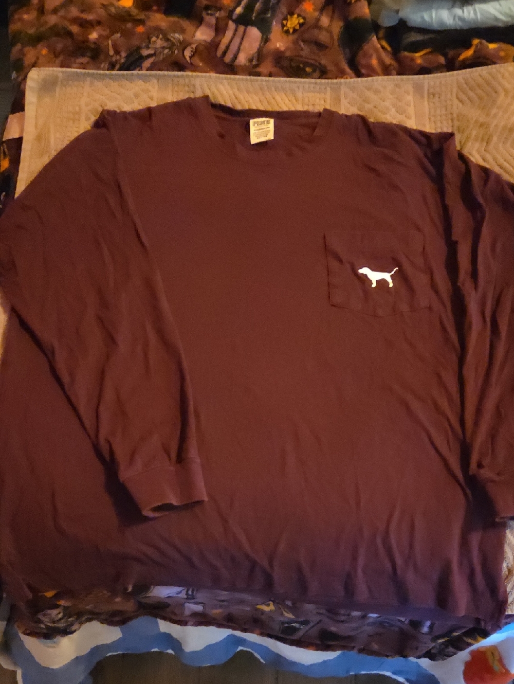 PINK Victoria's Secret Women Long Sleeve Pocket Tee - Maroon with White Dog Logo